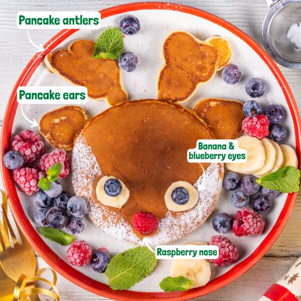 reindeer pancake on plate with ingredients labeled
