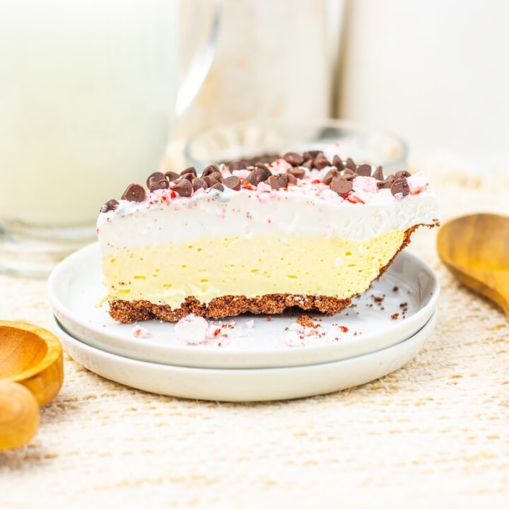 close up of a slice of candy cane pie