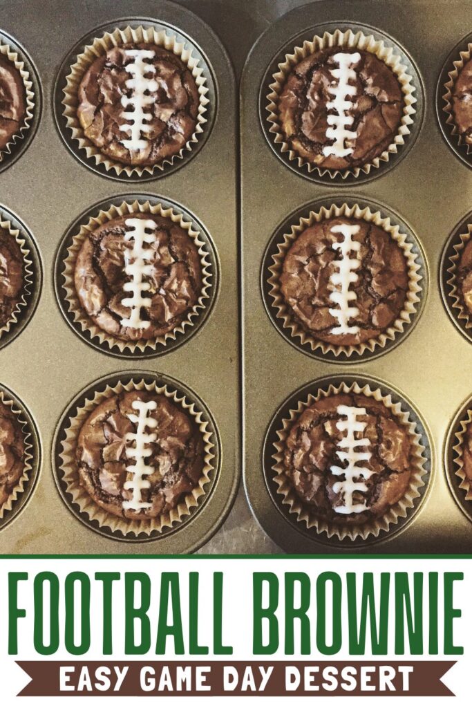 brownies in a muffin tin with white frosting on them to make them look like footballs