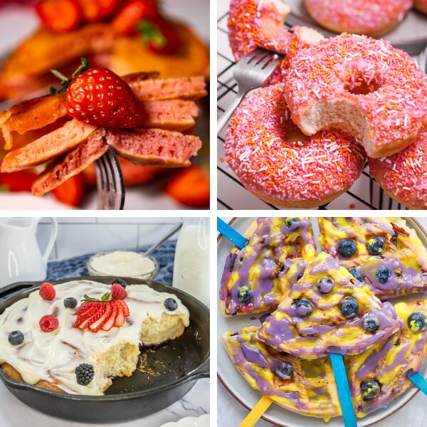 four square pictures of breakfast foods for galentine's day brunch - pink pancakes, pink sprinkle donuts, sweet rolls and waffle pops