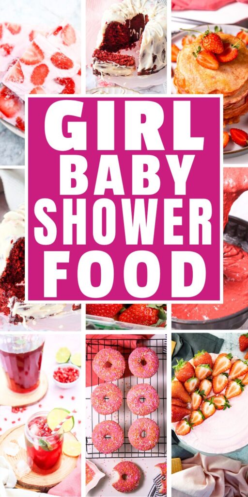 thumbnails of pink desserts and pink drinks with text overlay that says girl baby shower food