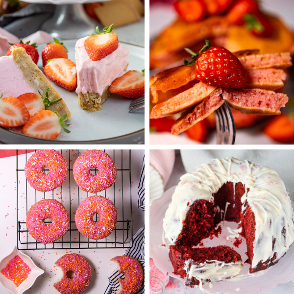 Four pink foods: strawberry cheesecake, strawberry pancakes, pink sprinkle donuts and red velvet cake
