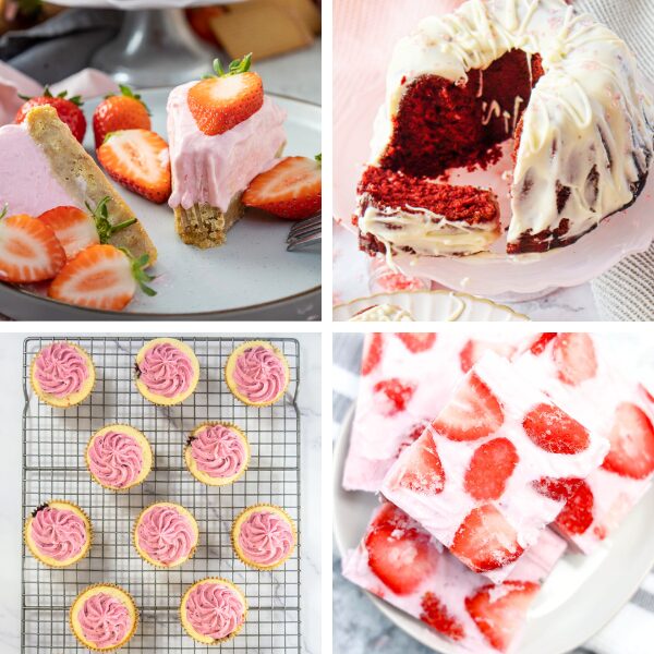 four square pictures of pink desserts for valentine's day treats - strawberry cheesecake, red velvet bundt cake, pink frosting cupcakes and pink yogurt bars with strawberry