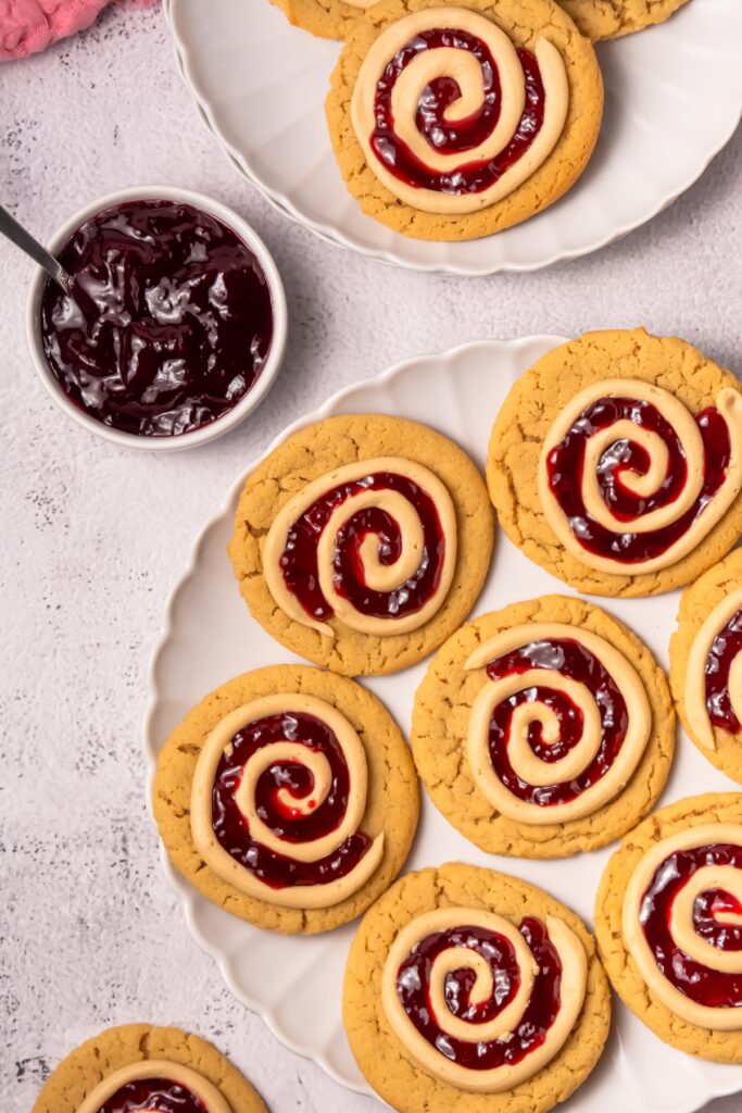 homemade peanut butter and jelly crumbl cookies on a plate from above