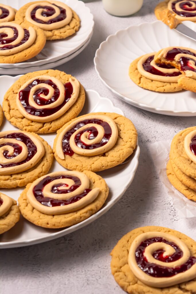 homemade crumbl cookies peanut butter and jelly cookies on a plate from above