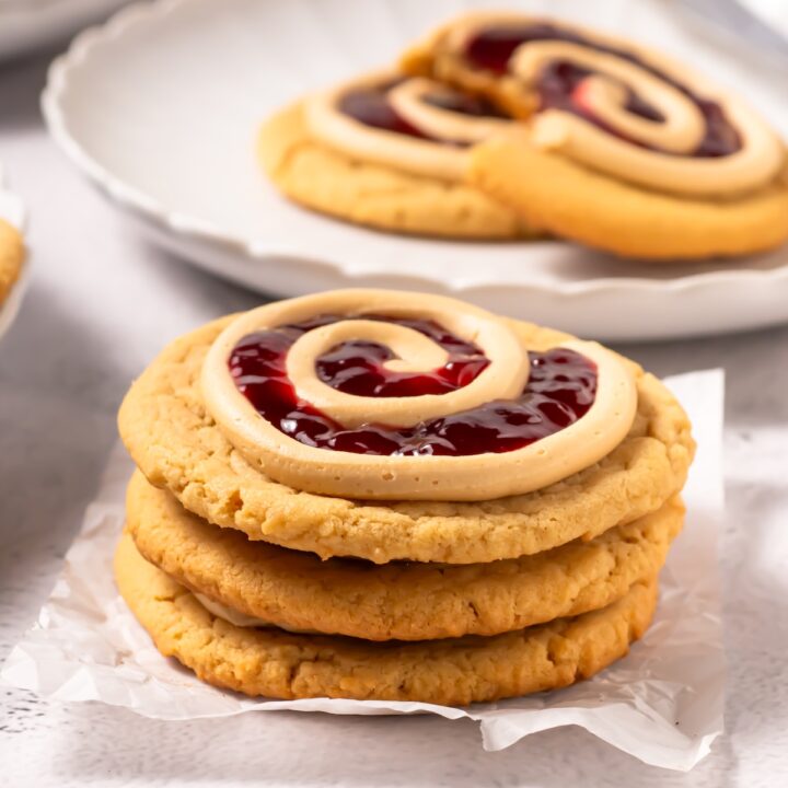 a stack of homemade pb&j crumbl cookies