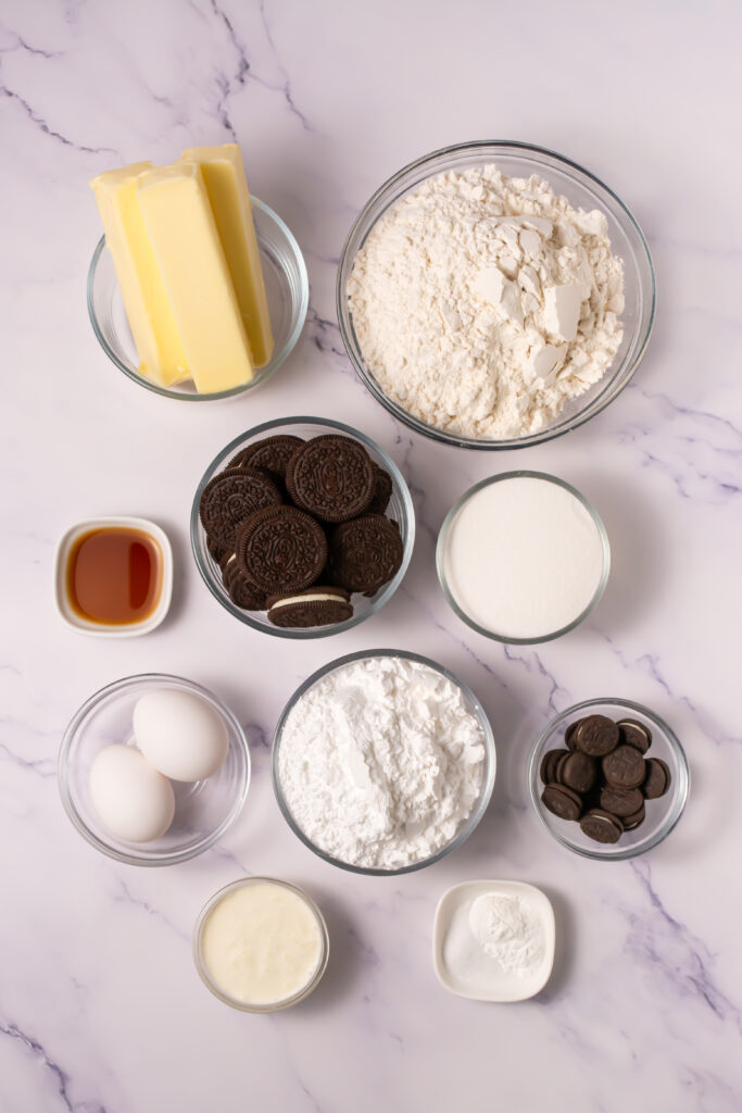 overhead shot of ingredients for a crumbl cookie copycat recipe of cookies and cream milkshake cookies