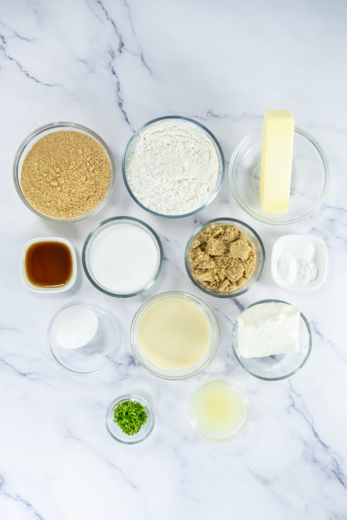 Ingredient shot from above of key lime pie crumbl cookie recipe in bowls