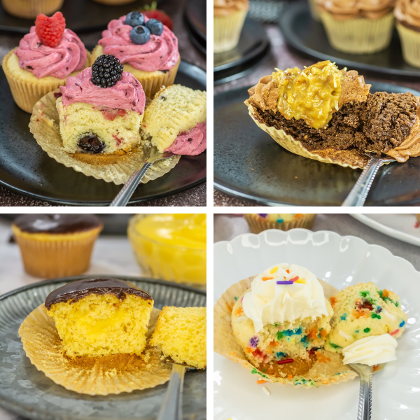 four pictures of cupcakes cut in half on a plate: berry cupcake, german chocolate cake cupcake, boston cream pie cupcake, and a funfetti vanilla cupcake
