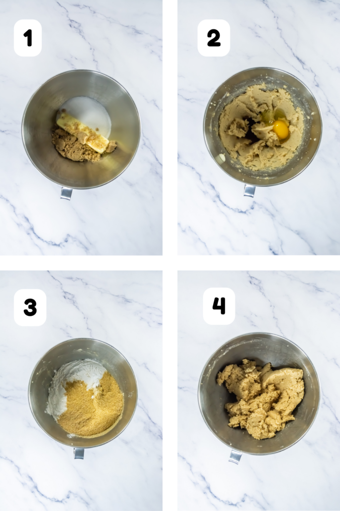 Four pictures of mixing bowls with ingredients to make key lime pie crumbl cookies