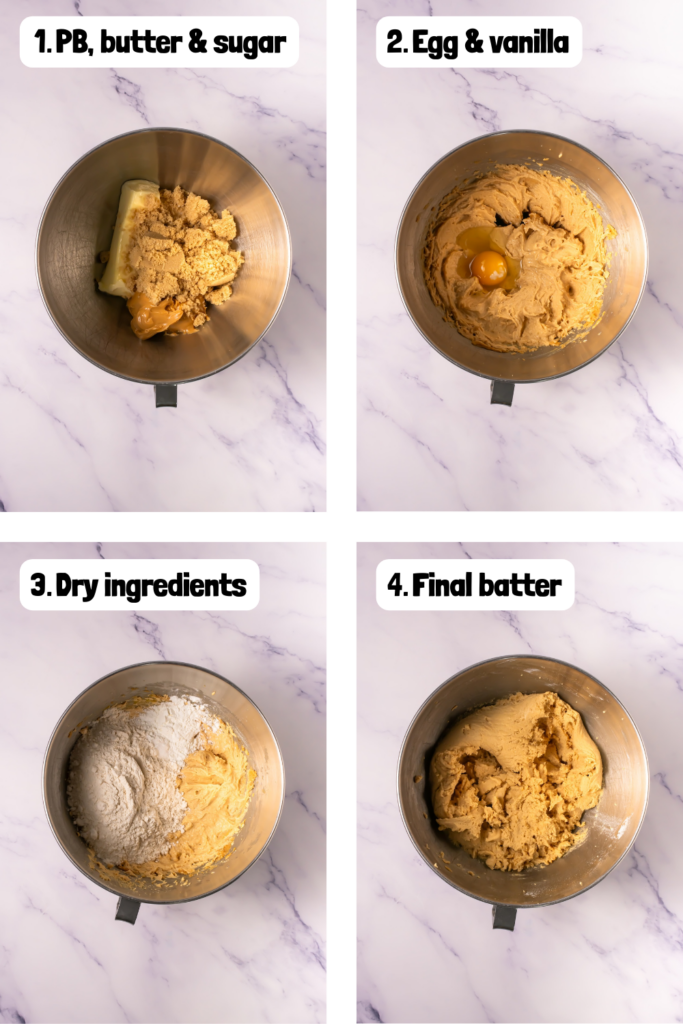 steps to make pbj crumbl cookies: four pictures of the mixing bowls with ingredients to make the batter